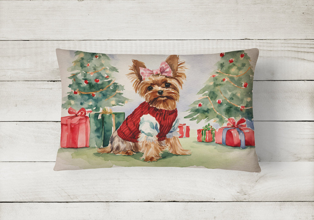 Yorkie Christmas Decorative Throw Pillow 12x16 Indoor Outdoor Accent Cushion, Fabric Cover with Insert for Sofa, Bed, Porch & Living Room