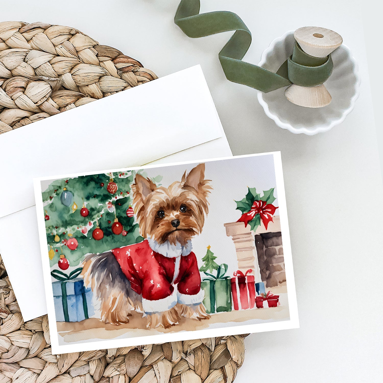 Yorkie Christmas Greeting Cards Pack of 8 Blank Cards with Envelopes Whimsical A7 Size 5x7