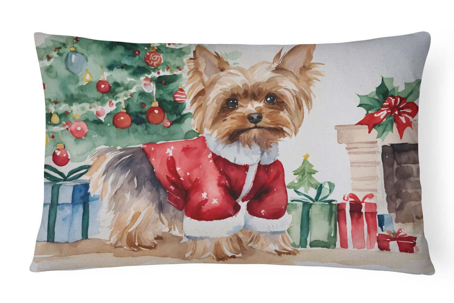 Yorkie Christmas Decorative Throw Pillow 12x16 Indoor Outdoor Accent Cushion, Fabric Cover with Insert for Sofa, Bed, Porch & Living Room