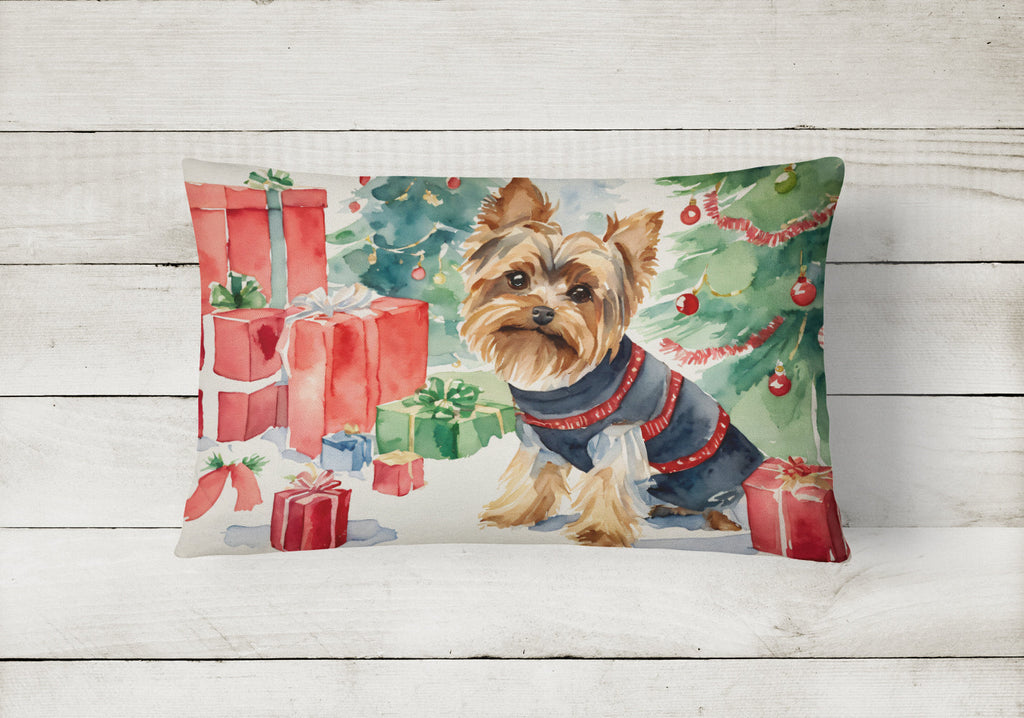 Yorkie Christmas Decorative Throw Pillow 12x16 Indoor Outdoor Accent Cushion, Fabric Cover with Insert for Sofa, Bed, Porch & Living Room