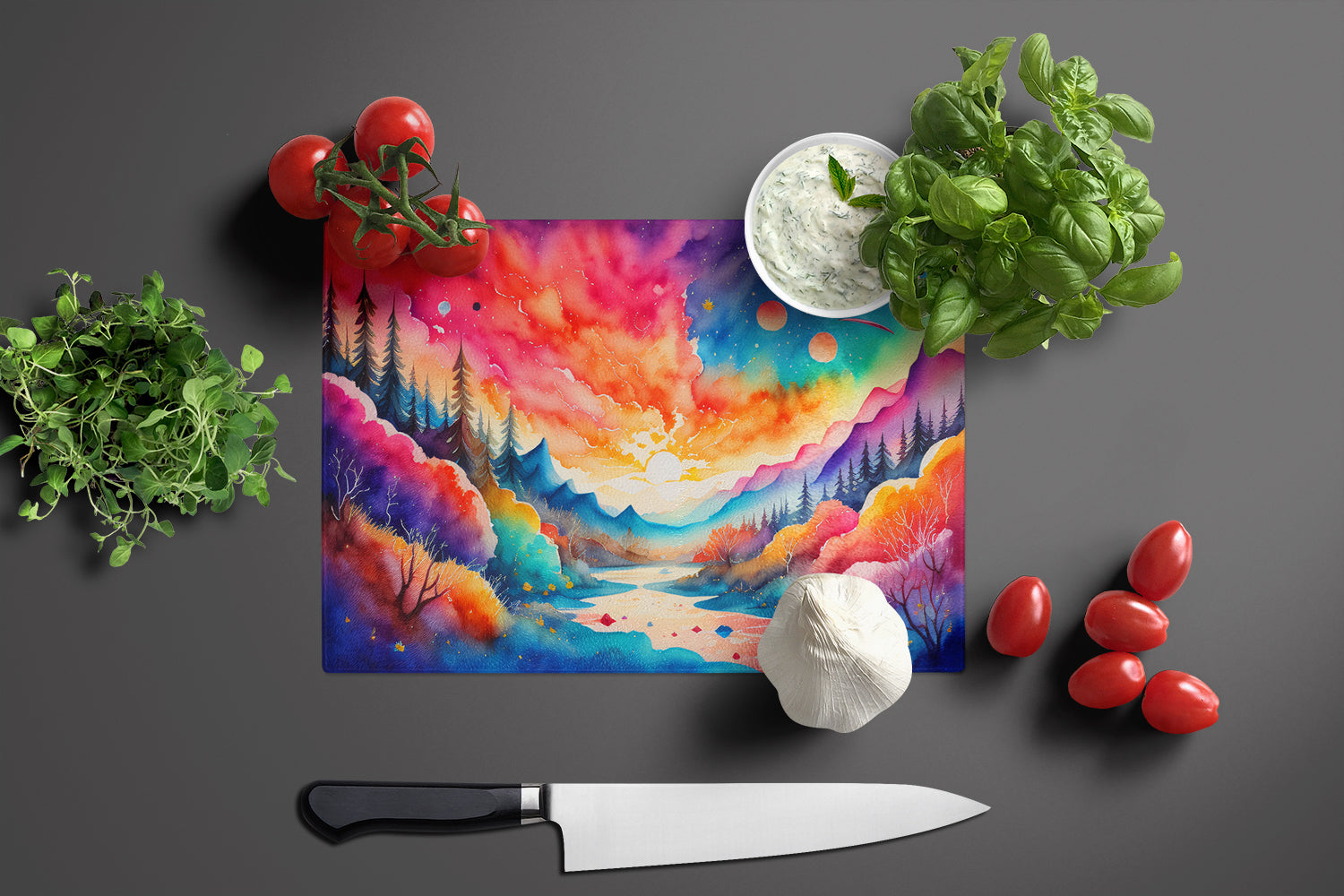 Amaranths in Color Cutting Board Tempered Glass Kitchen Cutting Surface, Heat Resistant Chopping, Non-Slip Feet, Food Prep & Serving