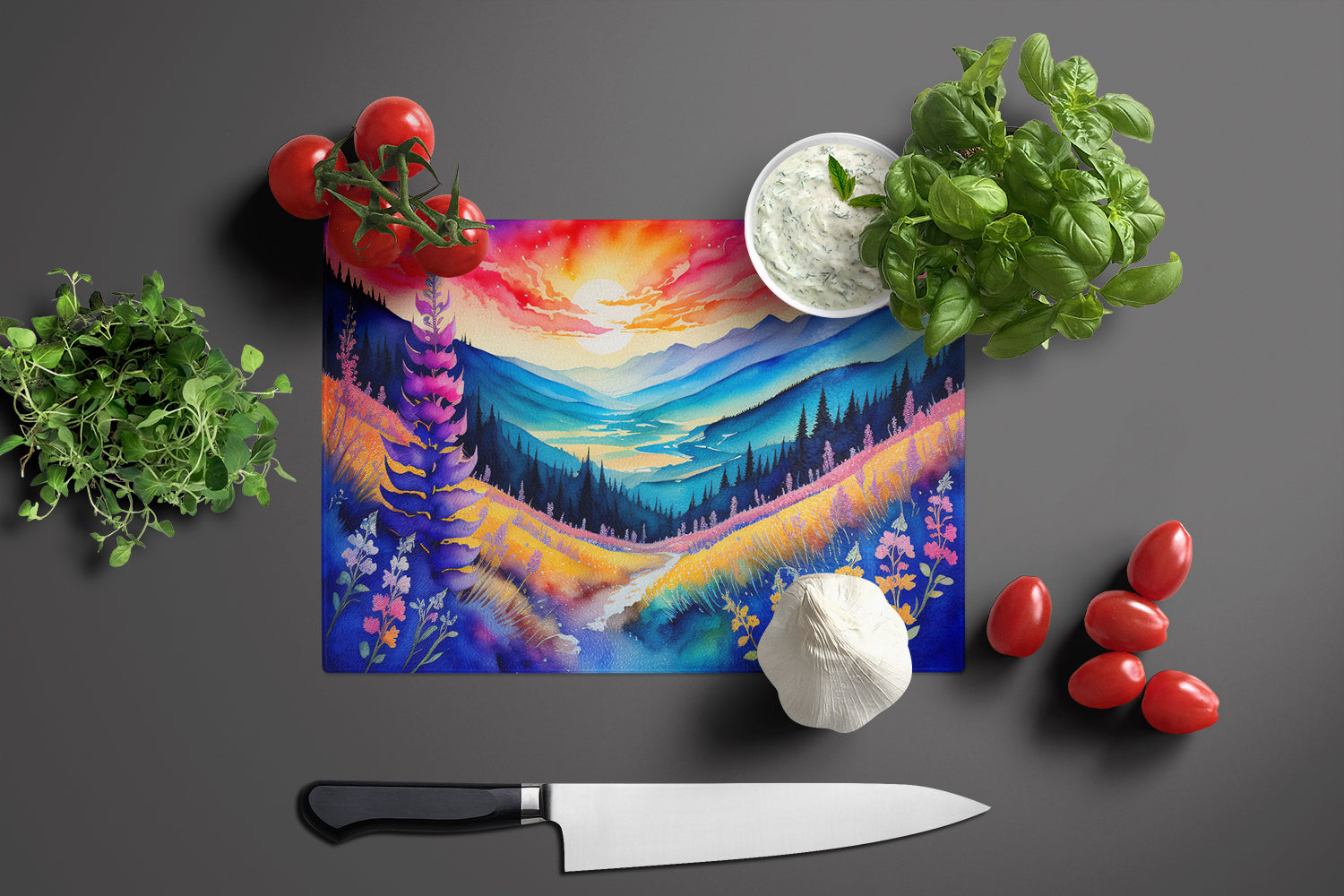 Annual Larkspur in Color Cutting Board Tempered Glass Kitchen Cutting Surface, Heat Resistant Chopping, Non-Slip Feet, Food Prep & Serving