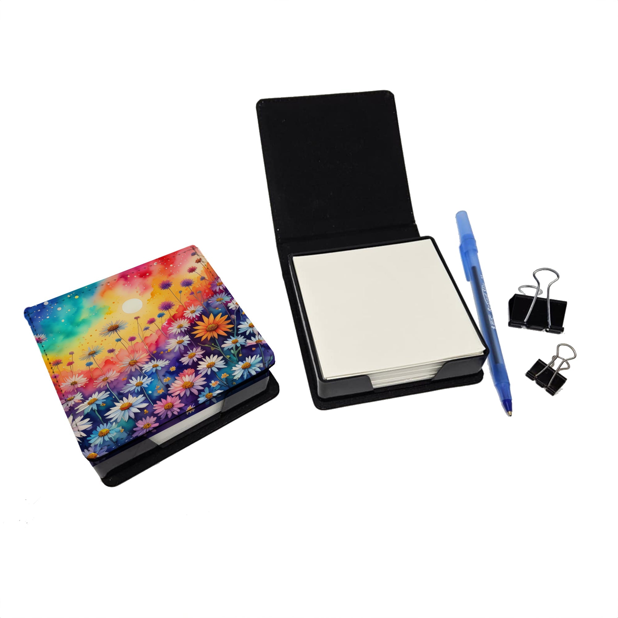 Asters in Color PU Leather Note Paper Holder with Artist-Designed Cover, Desk Accessory, Office Gift