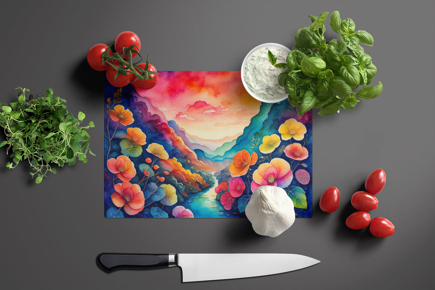 Begonias in Color Cutting Board Tempered Glass Kitchen Cutting Surface, Heat Resistant Chopping, Non-Slip Feet, Food Prep & Serving