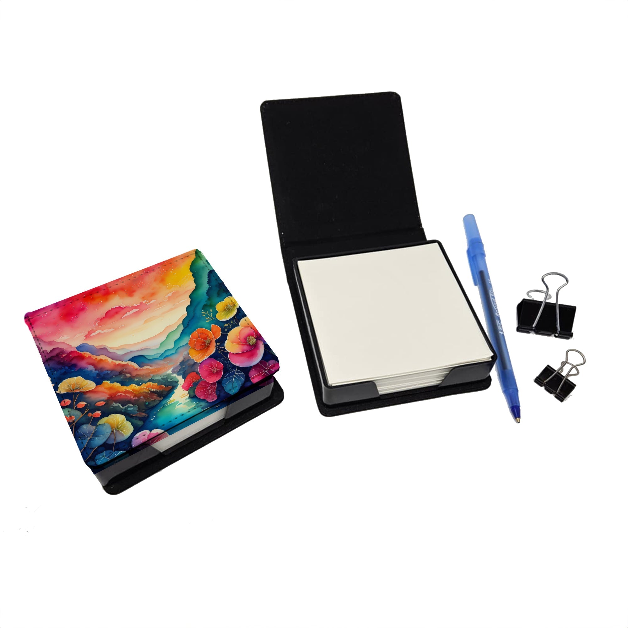 Begonias in Color PU Leather Note Paper Holder with Artist-Designed Cover, Desk Accessory, Office Gift