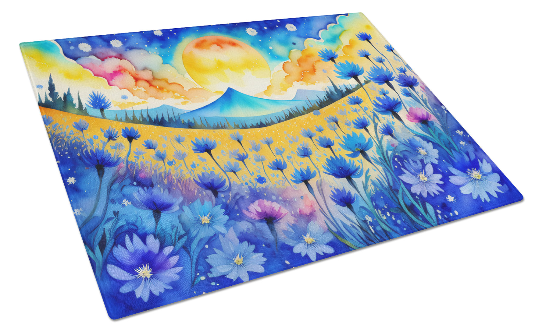 Blue Cornflowers in Color Cutting Board Tempered Glass Kitchen Cutting Surface, Heat Resistant Chopping, Non-Slip Feet, Food Prep & Serving