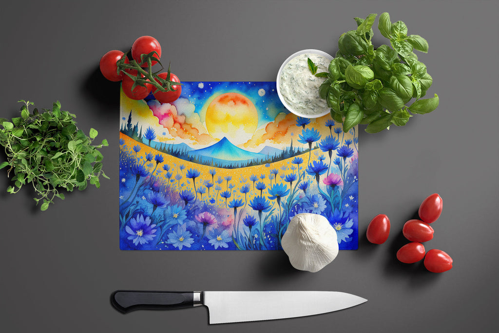 Blue Cornflowers in Color Cutting Board Tempered Glass Kitchen Cutting Surface, Heat Resistant Chopping, Non-Slip Feet, Food Prep & Serving