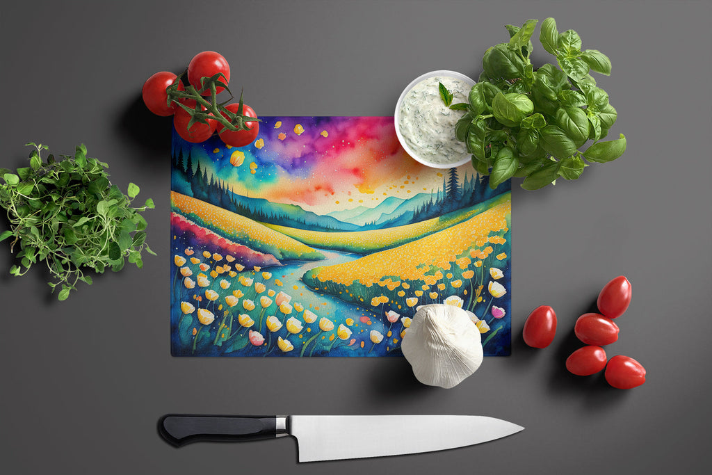 Buttercups in Color Cutting Board Tempered Glass Kitchen Cutting Surface, Heat Resistant Chopping, Non-Slip Feet, Food Prep & Serving