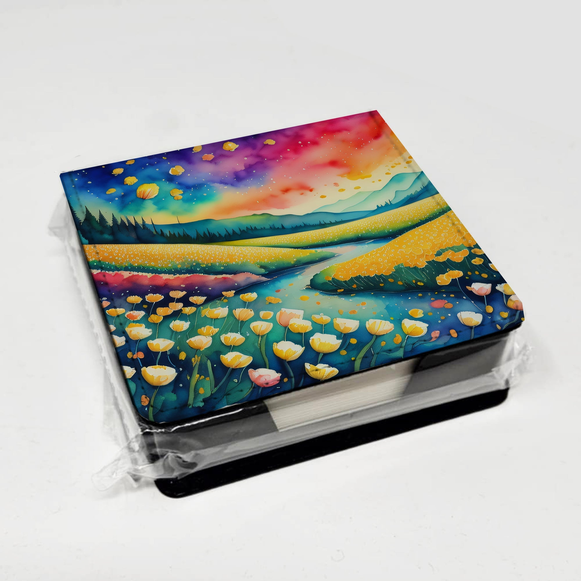 Buttercups in Color PU Leather Note Paper Holder with Artist-Designed Cover, Desk Accessory, Office Gift
