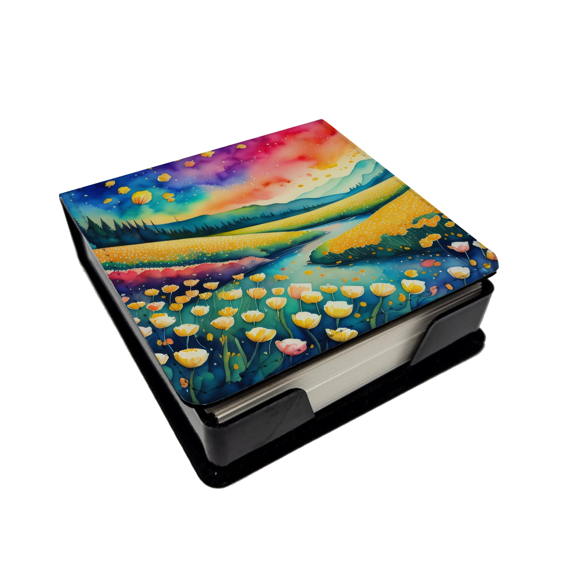 Buttercups in Color PU Leather Note Paper Holder with Artist-Designed Cover, Desk Accessory, Office Gift