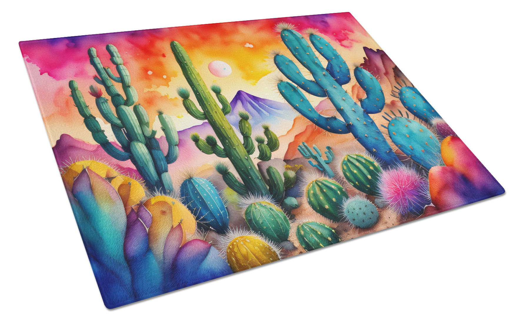 Cactus in Color Cutting Board Tempered Glass Kitchen Cutting Surface, Heat Resistant Chopping, Non-Slip Feet, Food Prep & Serving