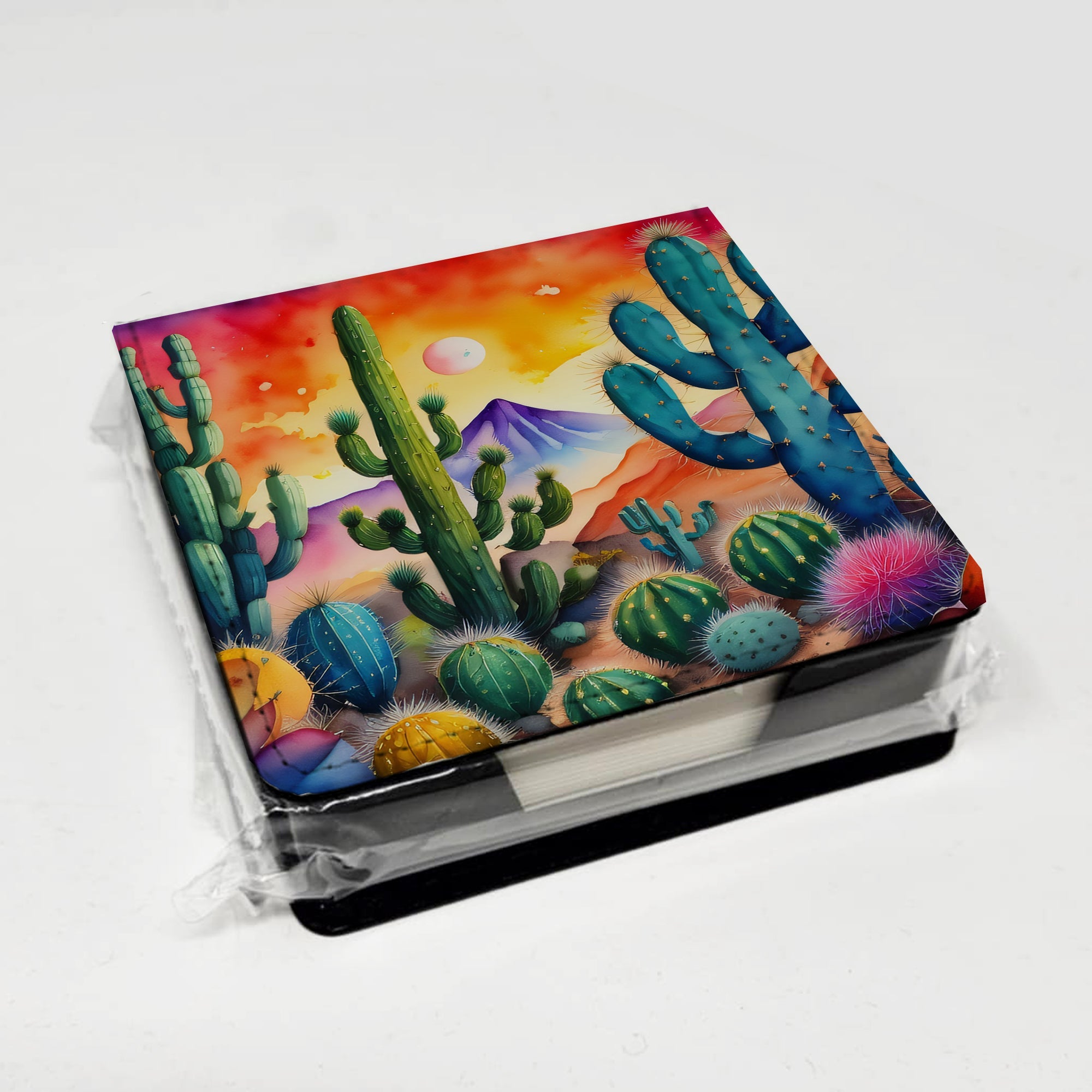 Cactus in Color PU Leather Note Paper Holder with Artist-Designed Cover, Desk Accessory, Office Gift