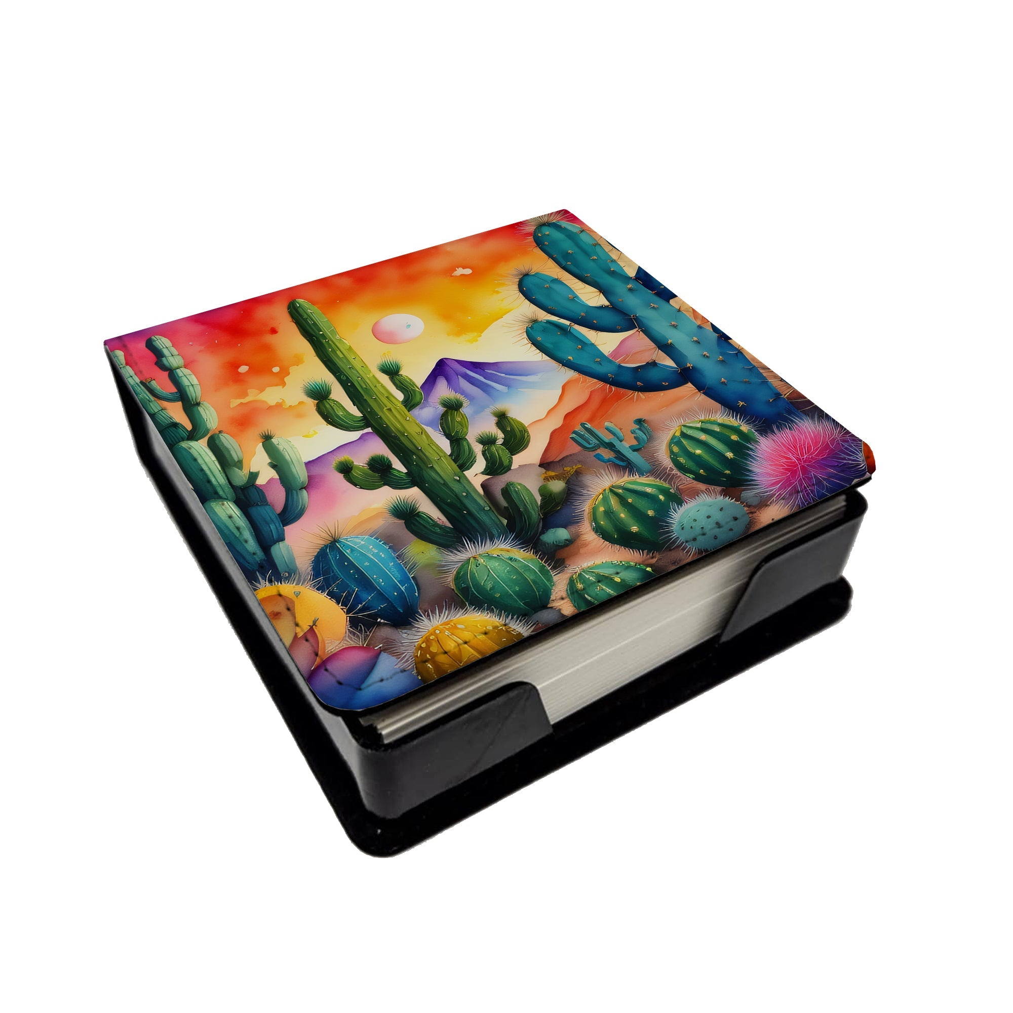 Cactus in Color PU Leather Note Paper Holder with Artist-Designed Cover, Desk Accessory, Office Gift