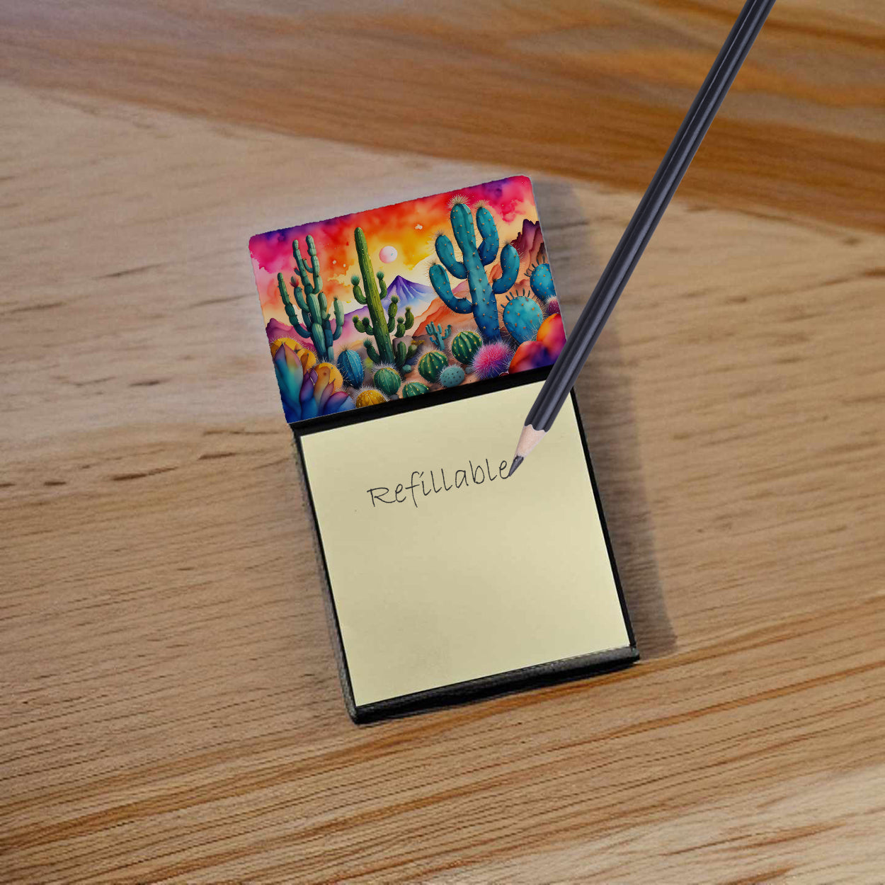 Cactus in Color Watercolor Sticky Note Holder Refillable Dispenser Desk Accessory 3x3 Pad Gift