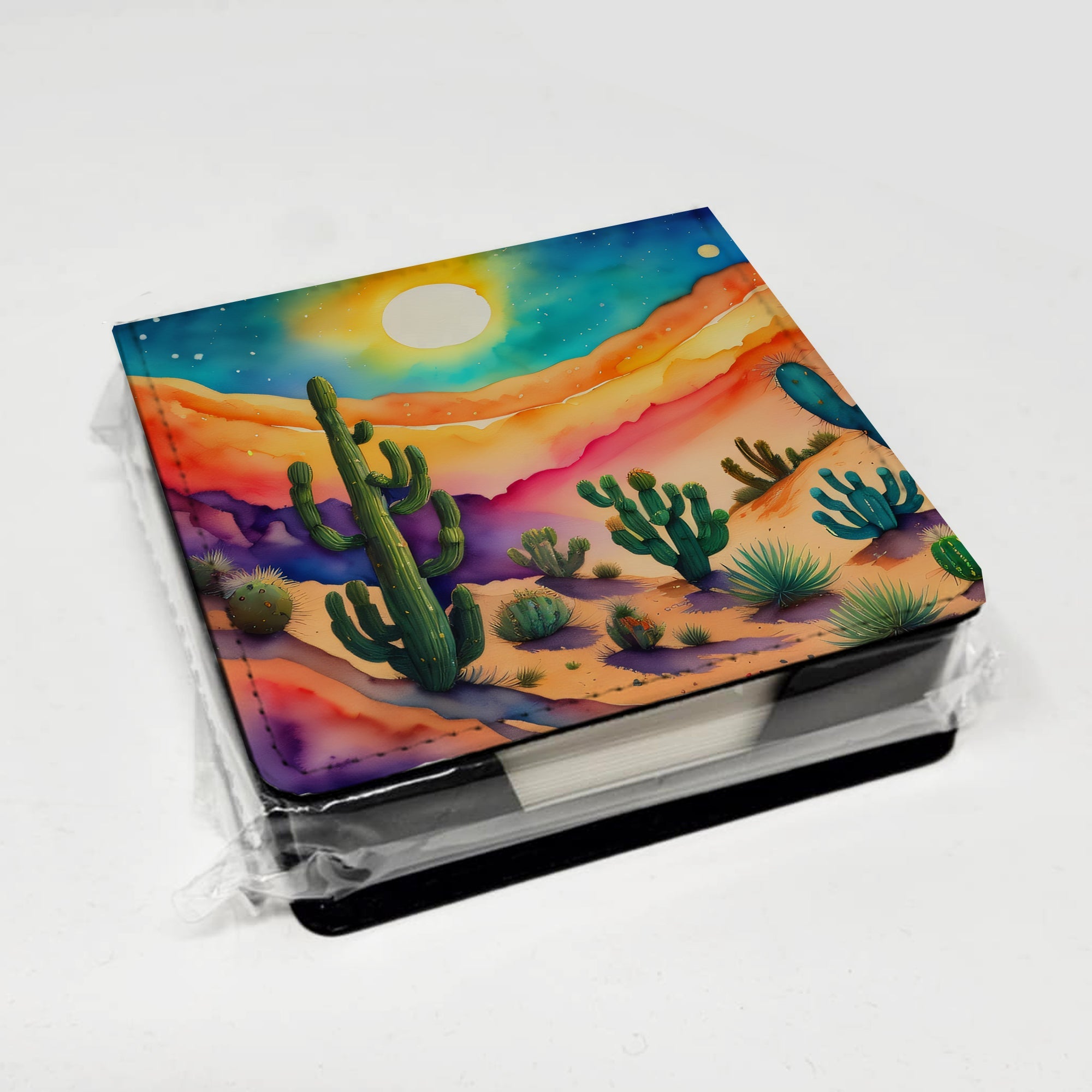 Cactus in Color PU Leather Note Paper Holder with Artist-Designed Cover, Desk Accessory, Office Gift