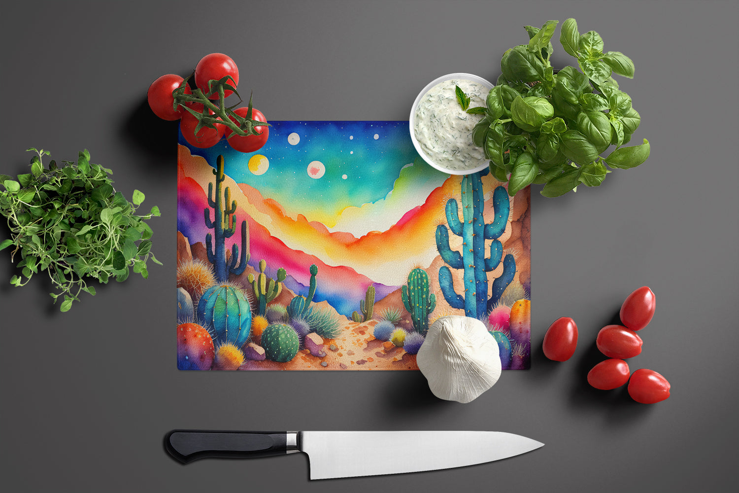Cactus in Color Cutting Board Tempered Glass Kitchen Cutting Surface, Heat Resistant Chopping, Non-Slip Feet, Food Prep & Serving
