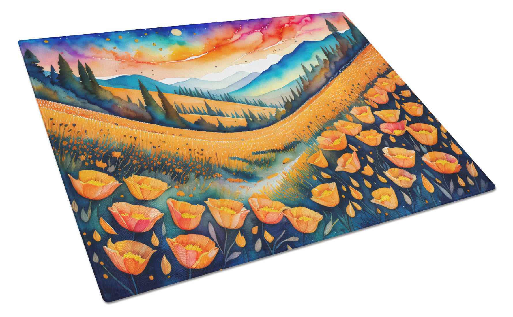 California Poppies in Color Cutting Board Tempered Glass Kitchen Cutting Surface, Heat Resistant Chopping, Non-Slip Feet, Food Prep & Serving