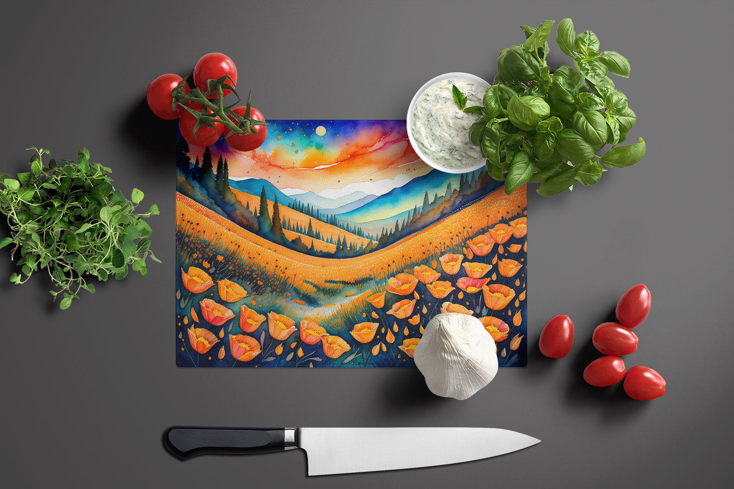 California Poppies in Color Cutting Board Tempered Glass Kitchen Cutting Surface, Heat Resistant Chopping, Non-Slip Feet, Food Prep & Serving