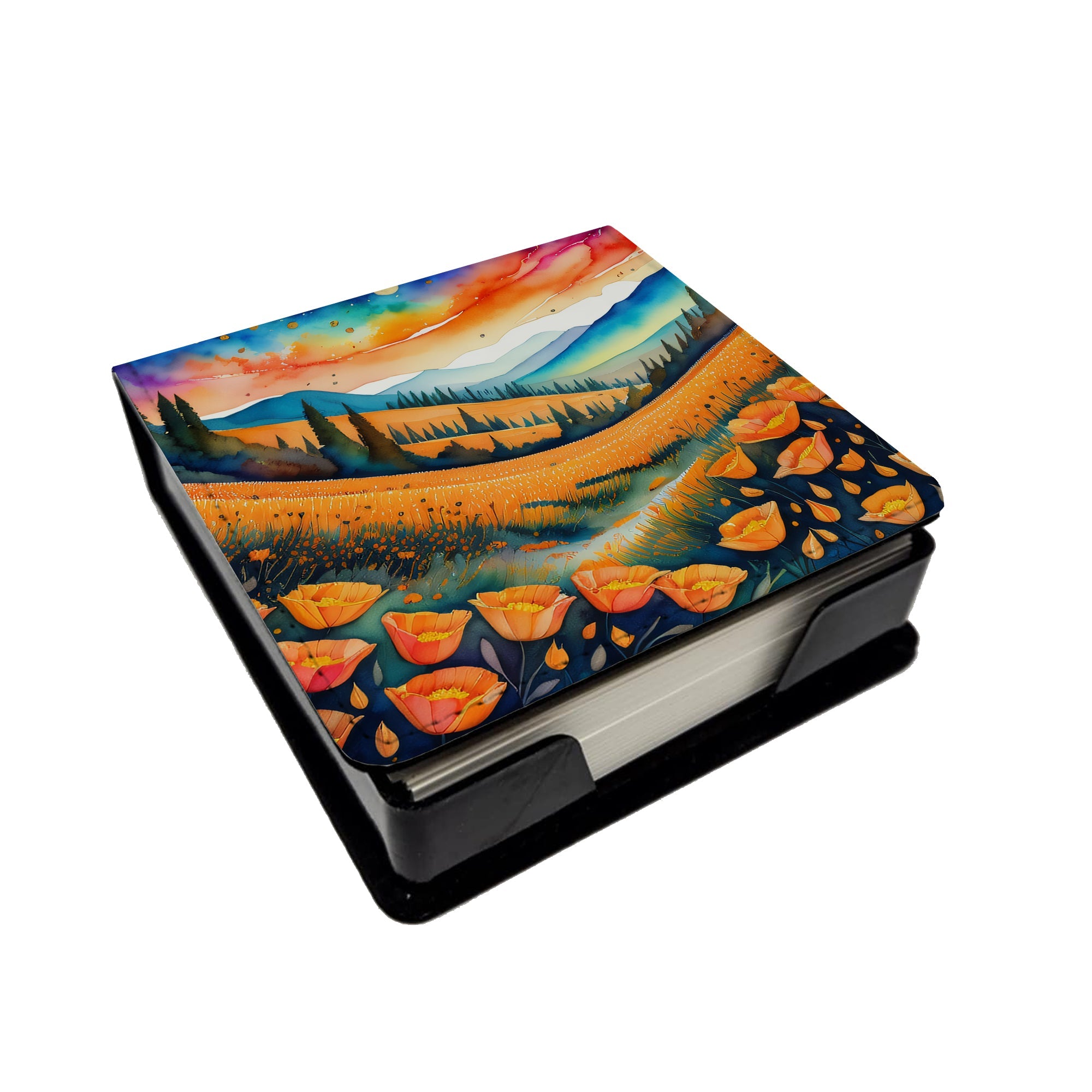 California Poppies in Color PU Leather Note Paper Holder with Artist-Designed Cover, Desk Accessory, Office Gift
