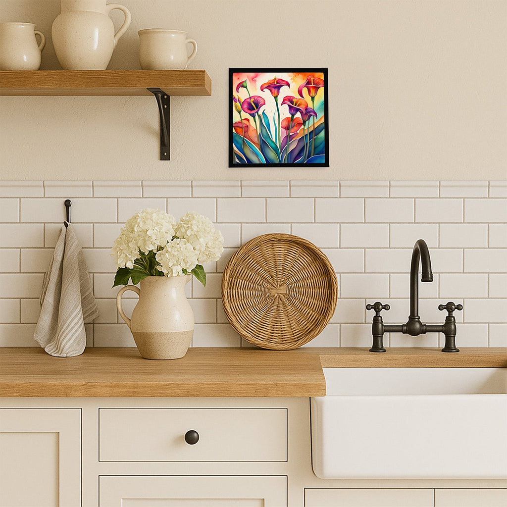 Calla Lilies in Color Framed Metal Print Bathroom, Kitchen, Office, Home Decor Wall Art Ready to Hang, Square, 8X8