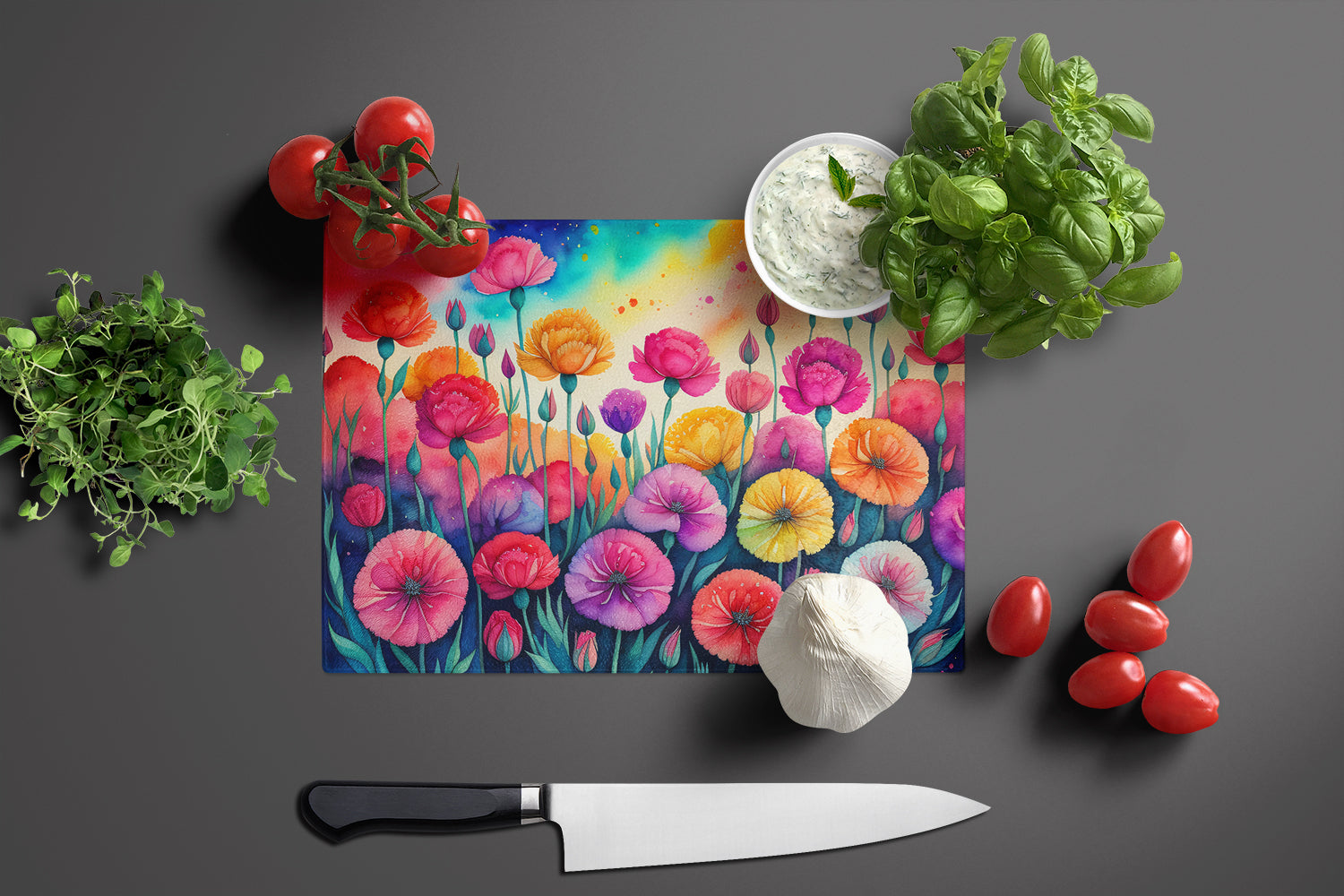 Carnations in Color Cutting Board Tempered Glass Kitchen Cutting Surface, Heat Resistant Chopping, Non-Slip Feet, Food Prep & Serving