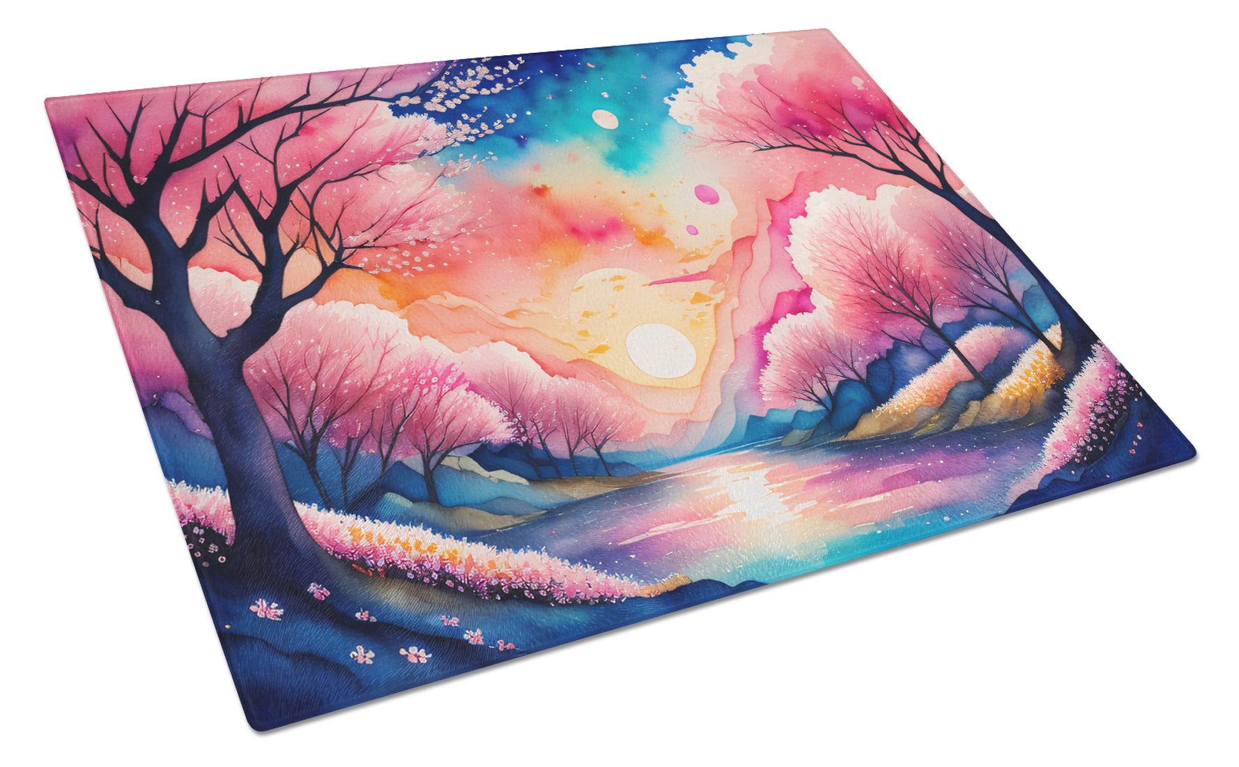 Cherry Blossom in Color Cutting Board Tempered Glass Kitchen Cutting Surface, Heat Resistant Chopping, Non-Slip Feet, Food Prep & Serving