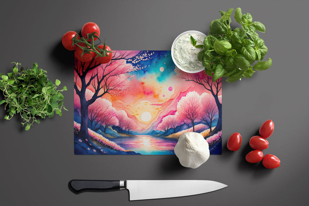Cherry Blossom in Color Cutting Board Tempered Glass Kitchen Cutting Surface, Heat Resistant Chopping, Non-Slip Feet, Food Prep & Serving