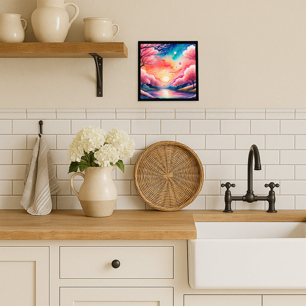 Cherry Blossom in Color Framed Metal Print Bathroom, Kitchen, Office, Home Decor Wall Art Ready to Hang, Square, 8X8