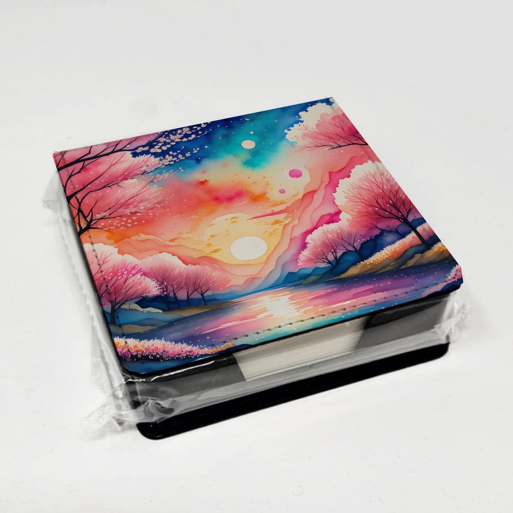 Cherry Blossom in Color PU Leather Note Paper Holder with Artist-Designed Cover, Desk Accessory, Office Gift