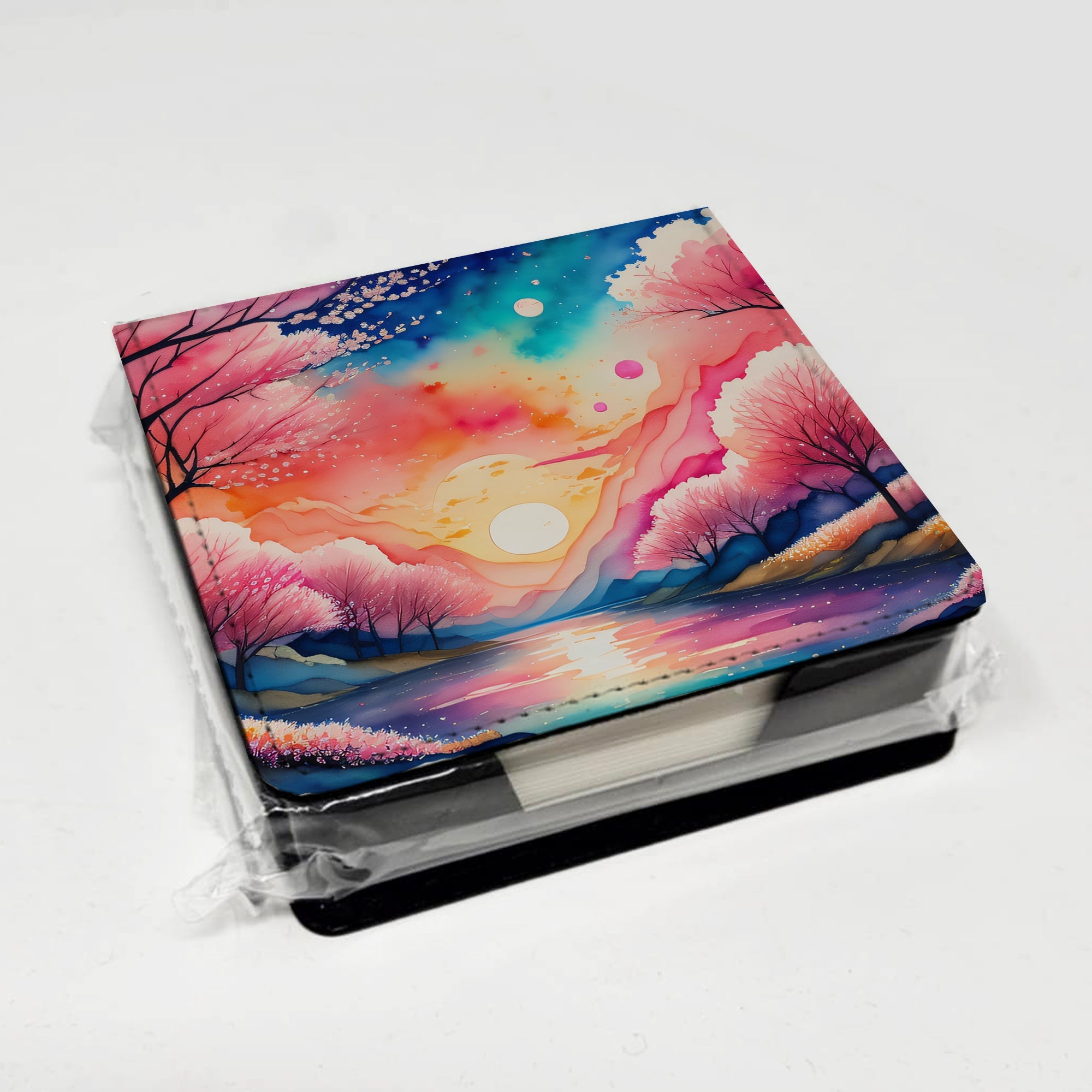 Cherry Blossom in Color PU Leather Note Paper Holder with Artist-Designed Cover, Desk Accessory, Office Gift