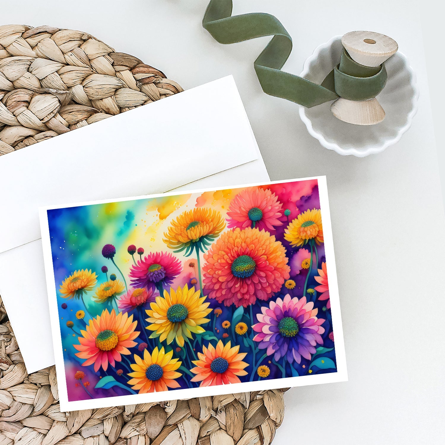 Chrysanthemums in Color Greeting Cards Pack of 8 Blank Cards with Envelopes Whimsical A7 Size 5x7