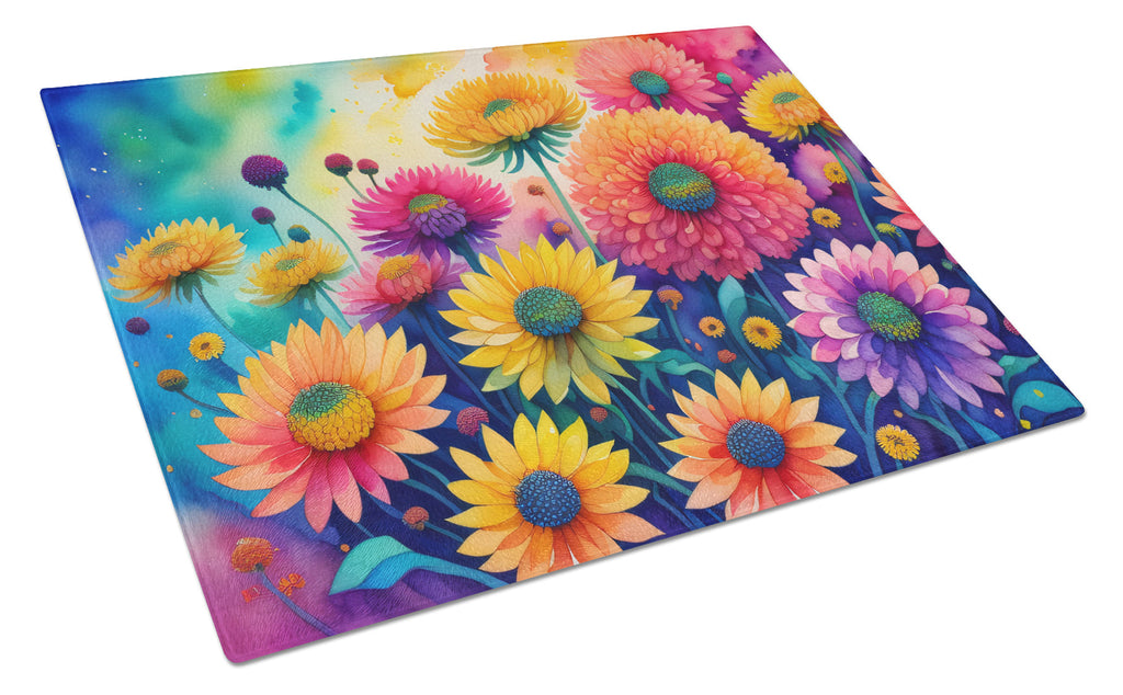 Chrysanthemums in Color Cutting Board Tempered Glass Kitchen Cutting Surface, Heat Resistant Chopping, Non-Slip Feet, Food Prep & Serving