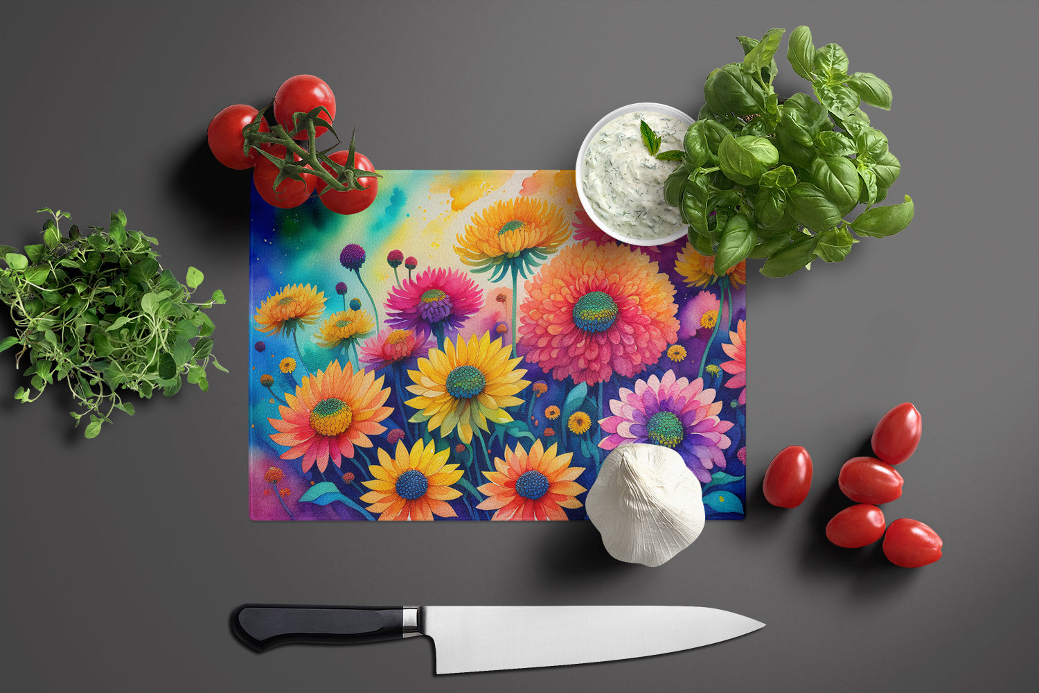 Chrysanthemums in Color Cutting Board Tempered Glass Kitchen Cutting Surface, Heat Resistant Chopping, Non-Slip Feet, Food Prep & Serving
