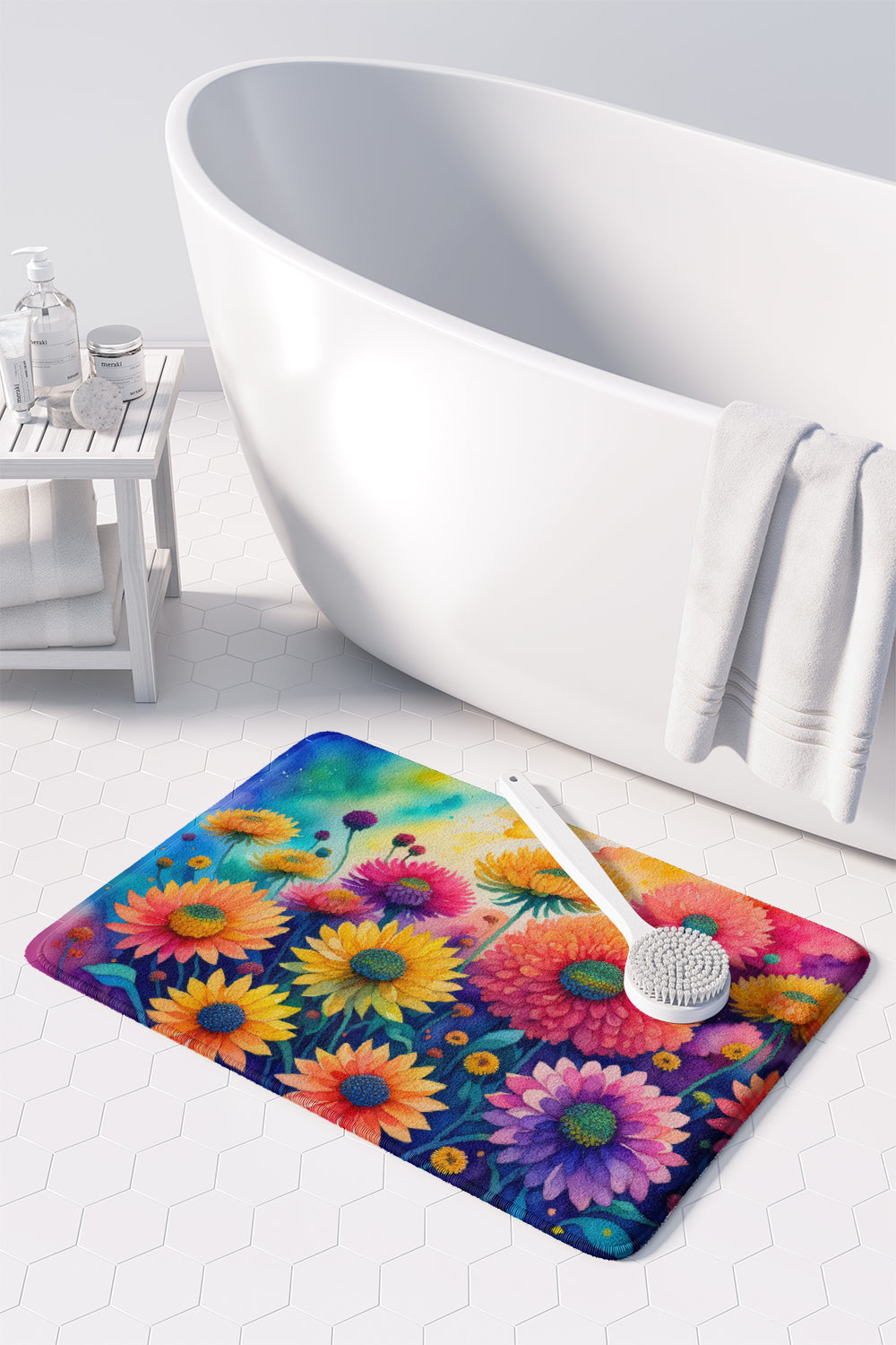 Chrysanthemums in Color Memory Foam Kitchen Mat Machine Washable Anti-Fatigue Cushion Comfort Bath or Kitchen Rug