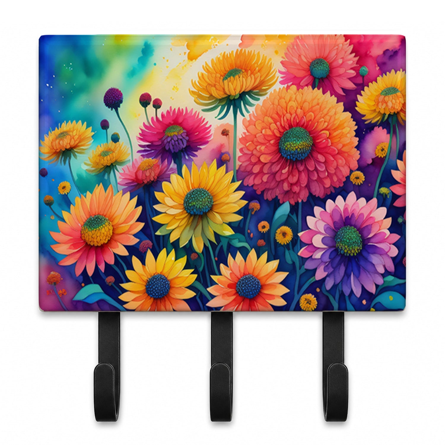 Chrysanthemums in Color Leash or Key Holder Wall Hooks, Coat Rack Wall Mount, for Hanging Keys, Towels, Aprons, Leashes