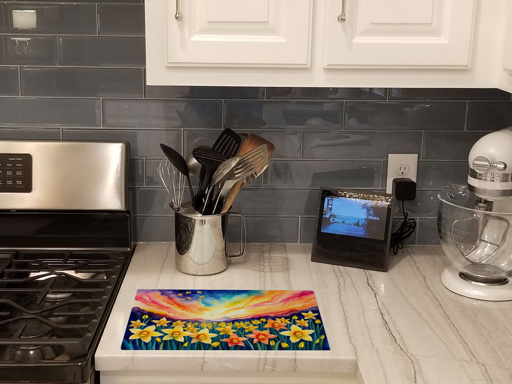 Daffodils in Color Cutting Board Tempered Glass Kitchen Cutting Surface, Heat Resistant Chopping, Non-Slip Feet, Food Prep & Serving