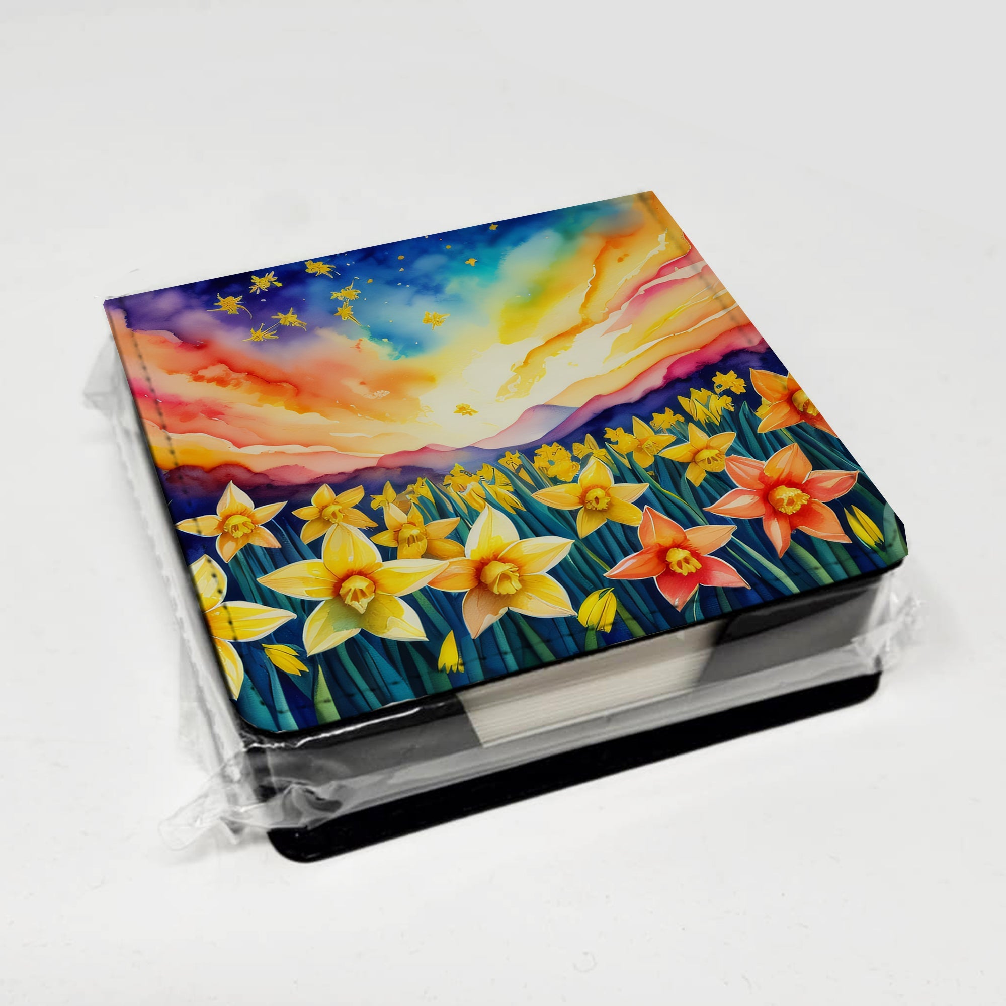 Daffodils in Color PU Leather Note Paper Holder with Artist-Designed Cover, Desk Accessory, Office Gift