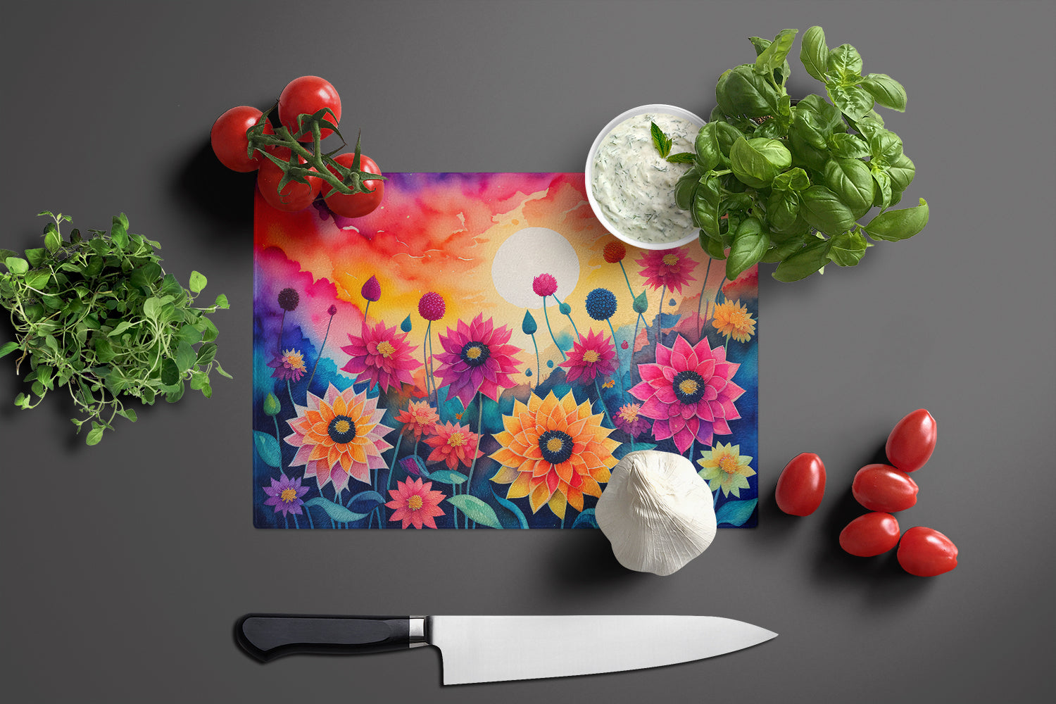 Dahlias in Color Cutting Board Tempered Glass Kitchen Cutting Surface, Heat Resistant Chopping, Non-Slip Feet, Food Prep & Serving