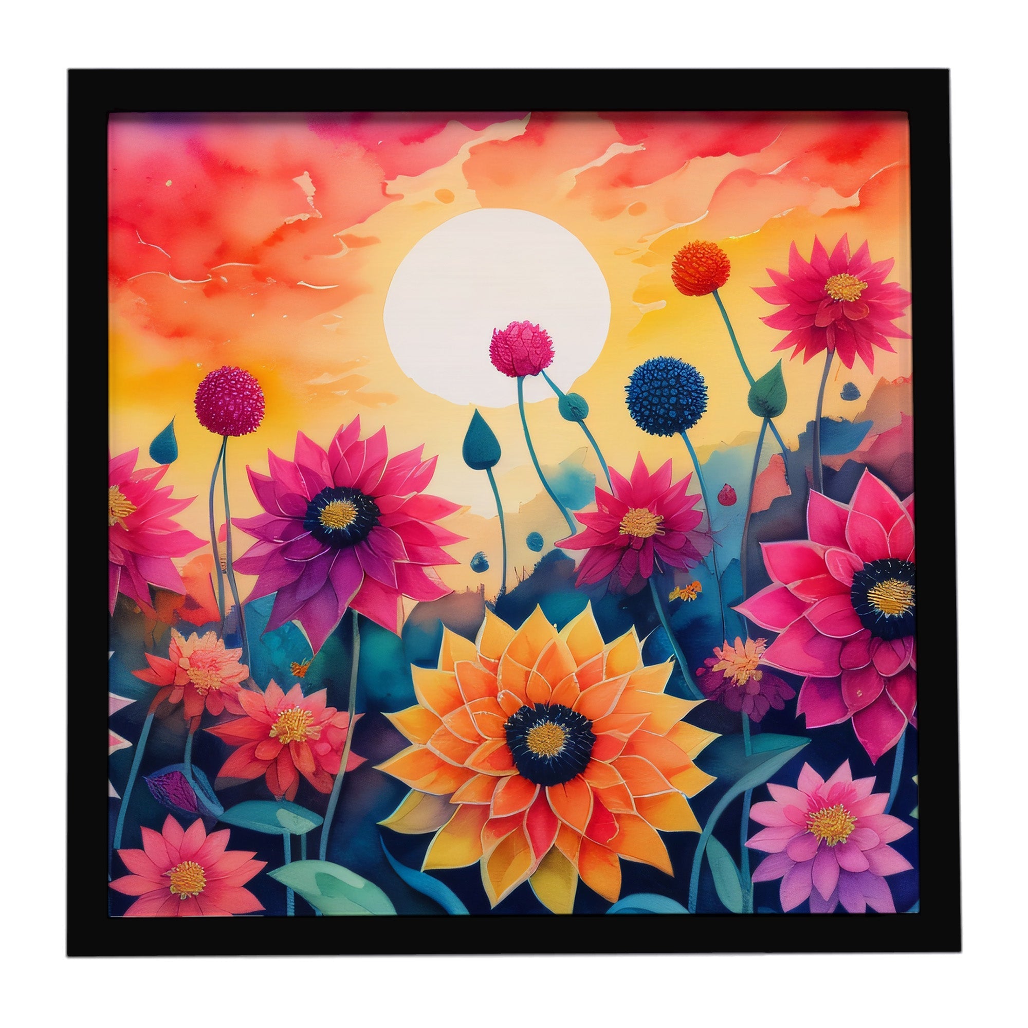 Dahlias in Color Framed Metal Print Bathroom, Kitchen, Office, Home Decor Wall Art Ready to Hang, Square, 8X8