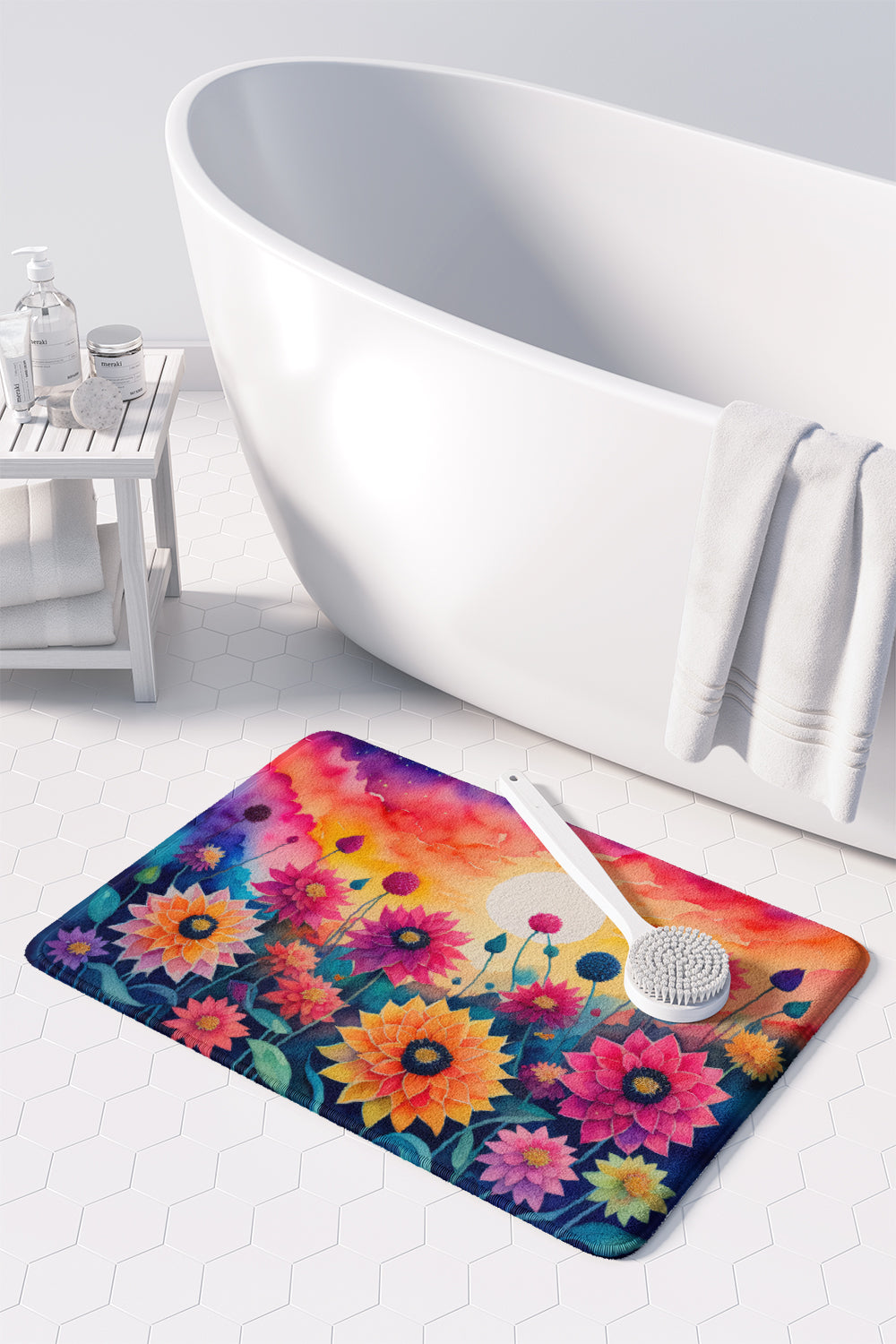 Dahlias in Color Memory Foam Kitchen Mat Machine Washable Anti-Fatigue Cushion Comfort Bath or Kitchen Rug
