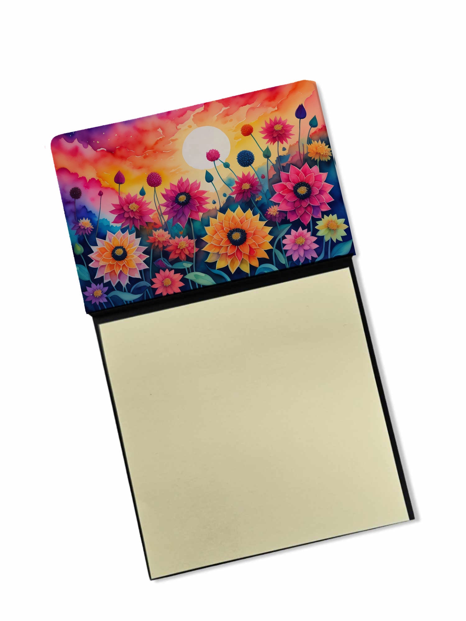 Dahlias in Color Watercolor Sticky Note Holder Refillable Dispenser Desk Accessory 3x3 Pad Gift