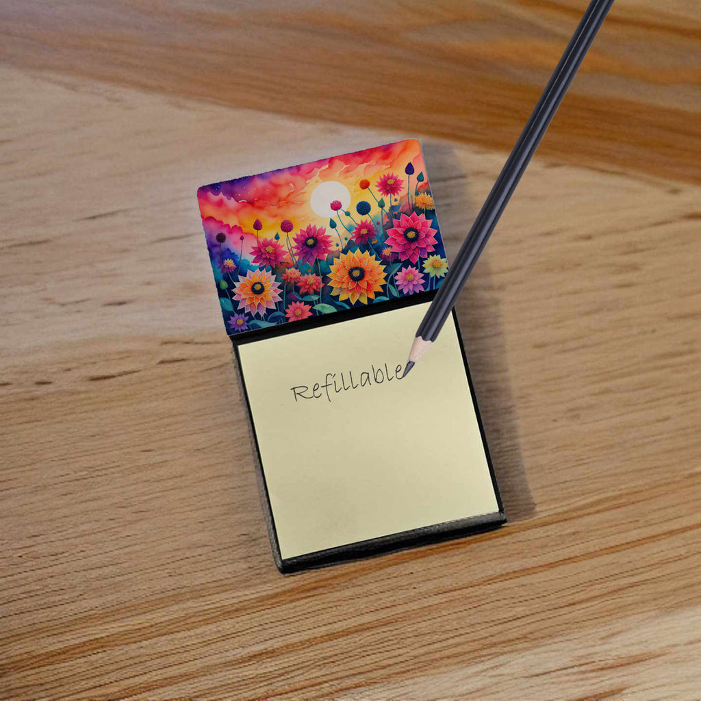 Dahlias in Color Watercolor Sticky Note Holder Refillable Dispenser Desk Accessory 3x3 Pad Gift