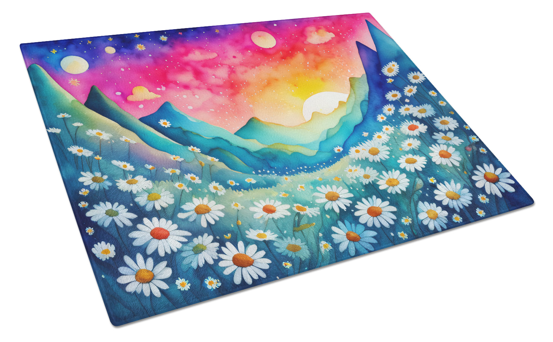 Daisies in Color Cutting Board Tempered Glass Kitchen Cutting Surface, Heat Resistant Chopping, Non-Slip Feet, Food Prep & Serving