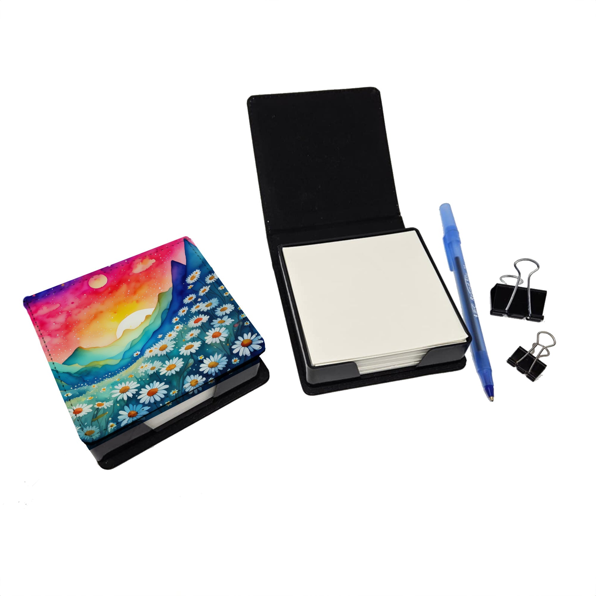 Daisies in Color PU Leather Note Paper Holder with Artist-Designed Cover, Desk Accessory, Office Gift