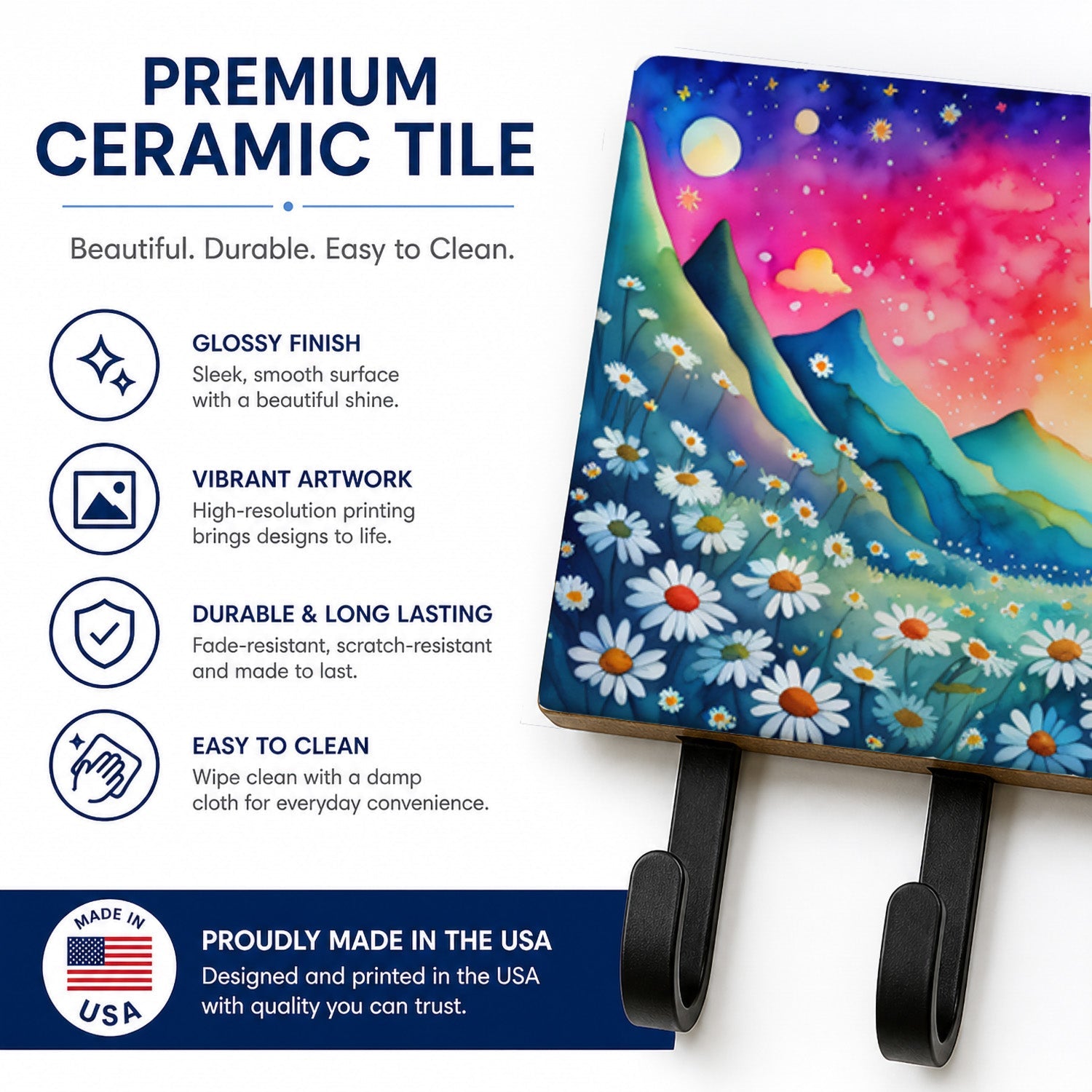 Daisies in Color Leash or Key Holder Wall Hooks, Coat Rack Wall Mount, for Hanging Keys, Towels, Aprons, Leashes