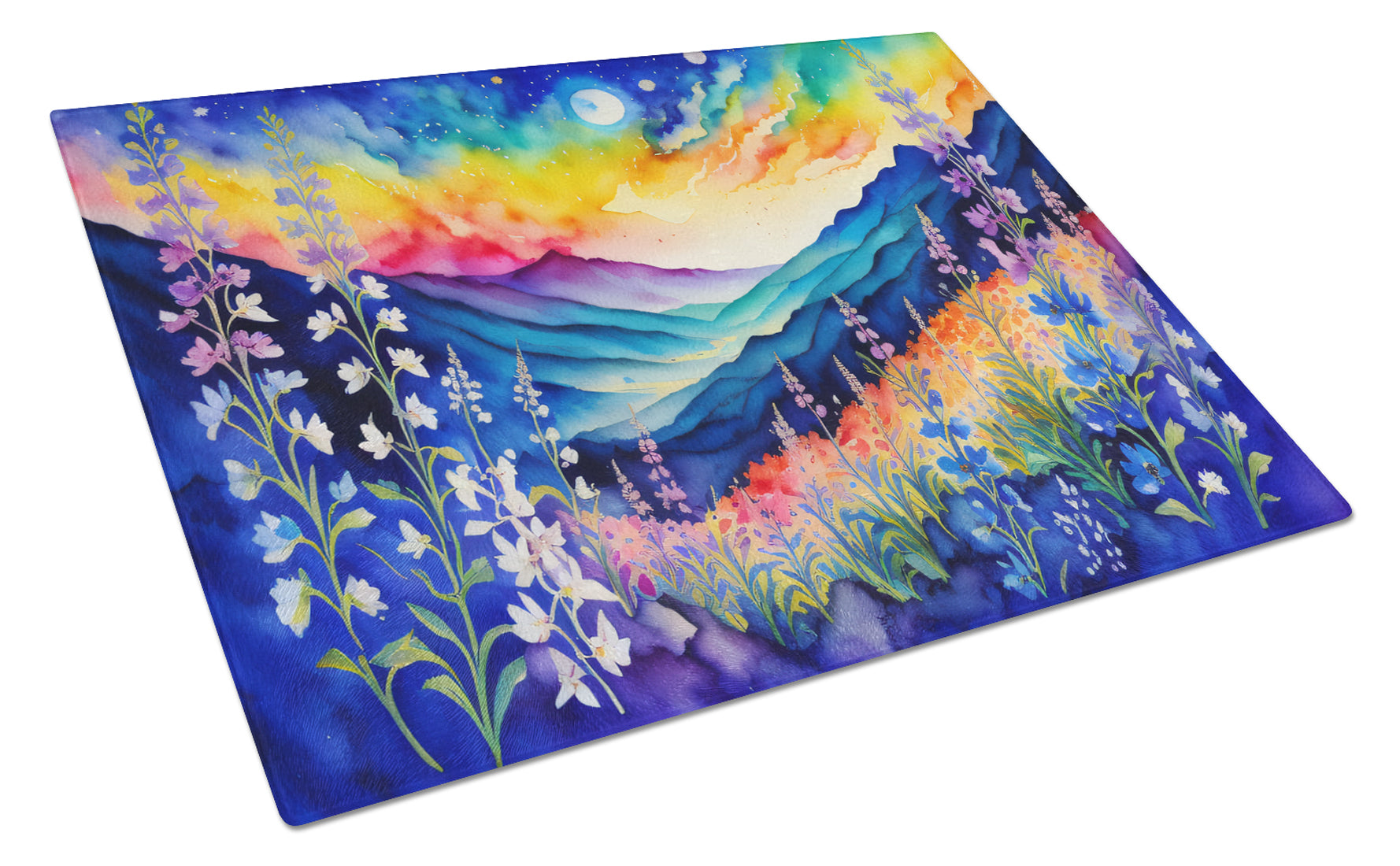 Delphinium in Color Cutting Board Tempered Glass Kitchen Cutting Surface, Heat Resistant Chopping, Non-Slip Feet, Food Prep & Serving