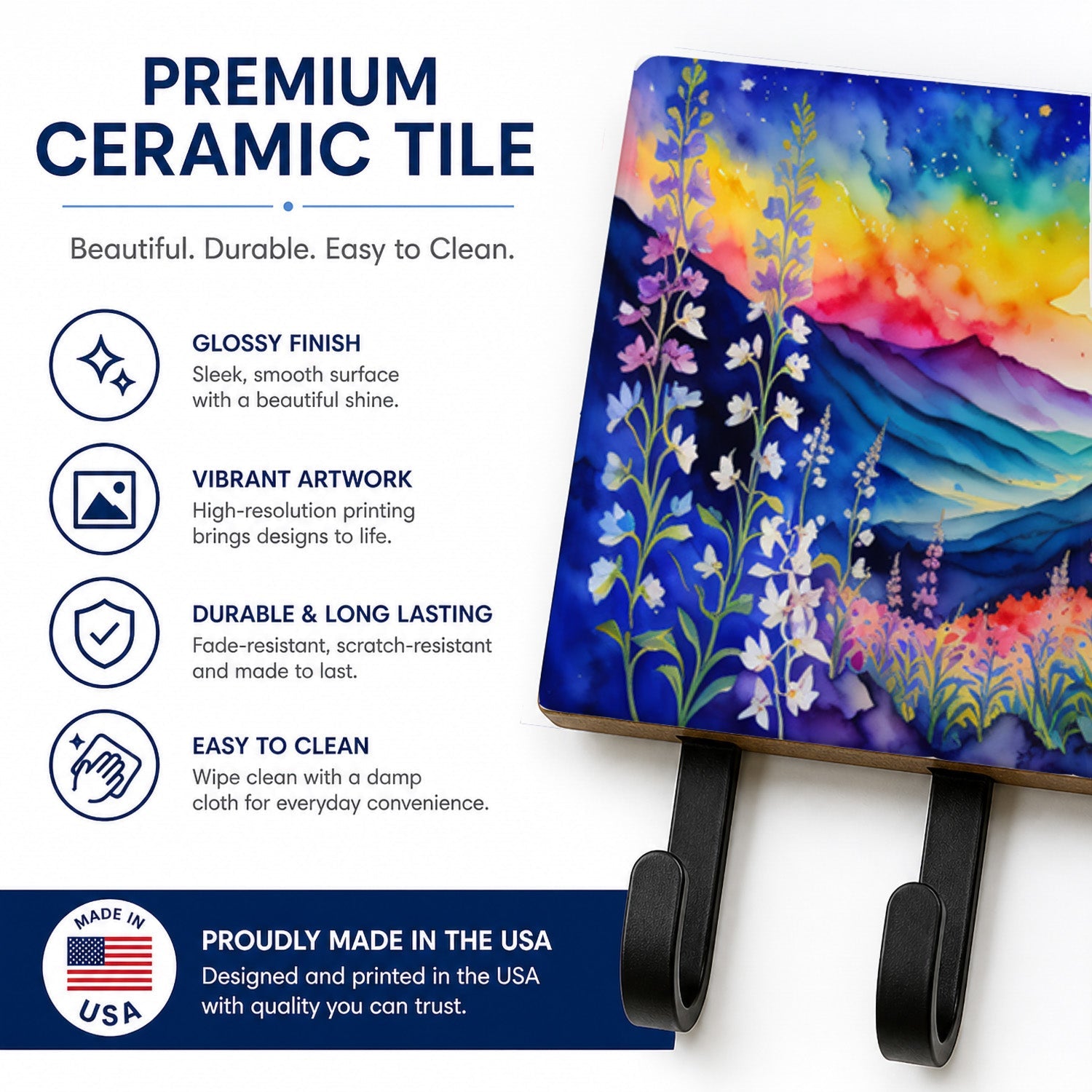 Delphinium in Color Leash or Key Holder Wall Hooks, Coat Rack Wall Mount, for Hanging Keys, Towels, Aprons, Leashes