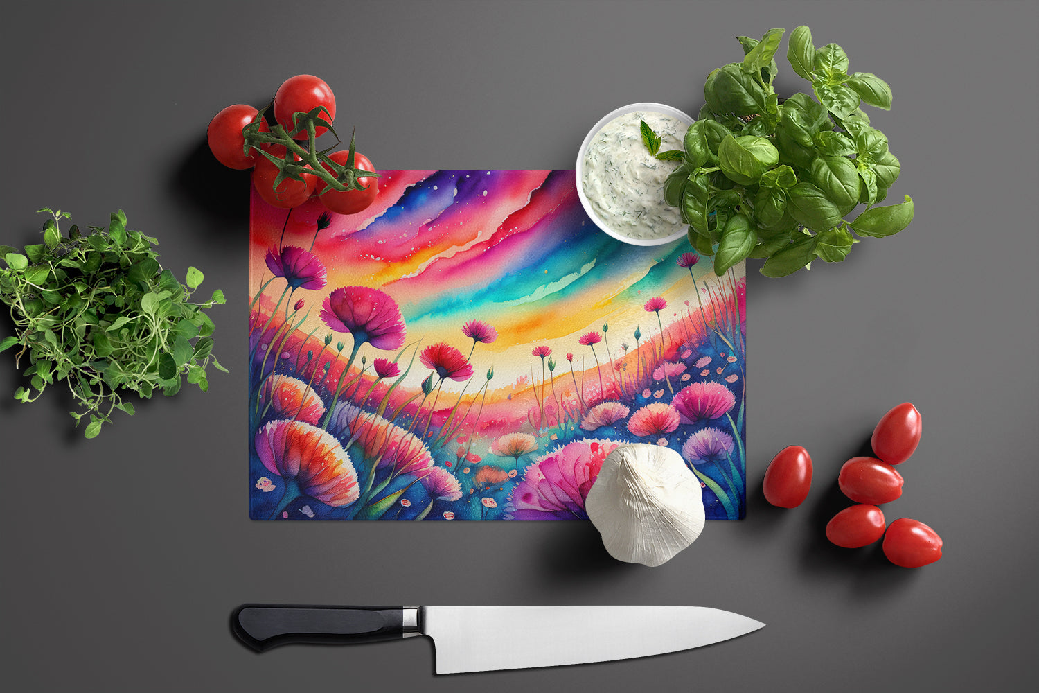 Dianthus in Color Cutting Board Tempered Glass Kitchen Cutting Surface, Heat Resistant Chopping, Non-Slip Feet, Food Prep & Serving