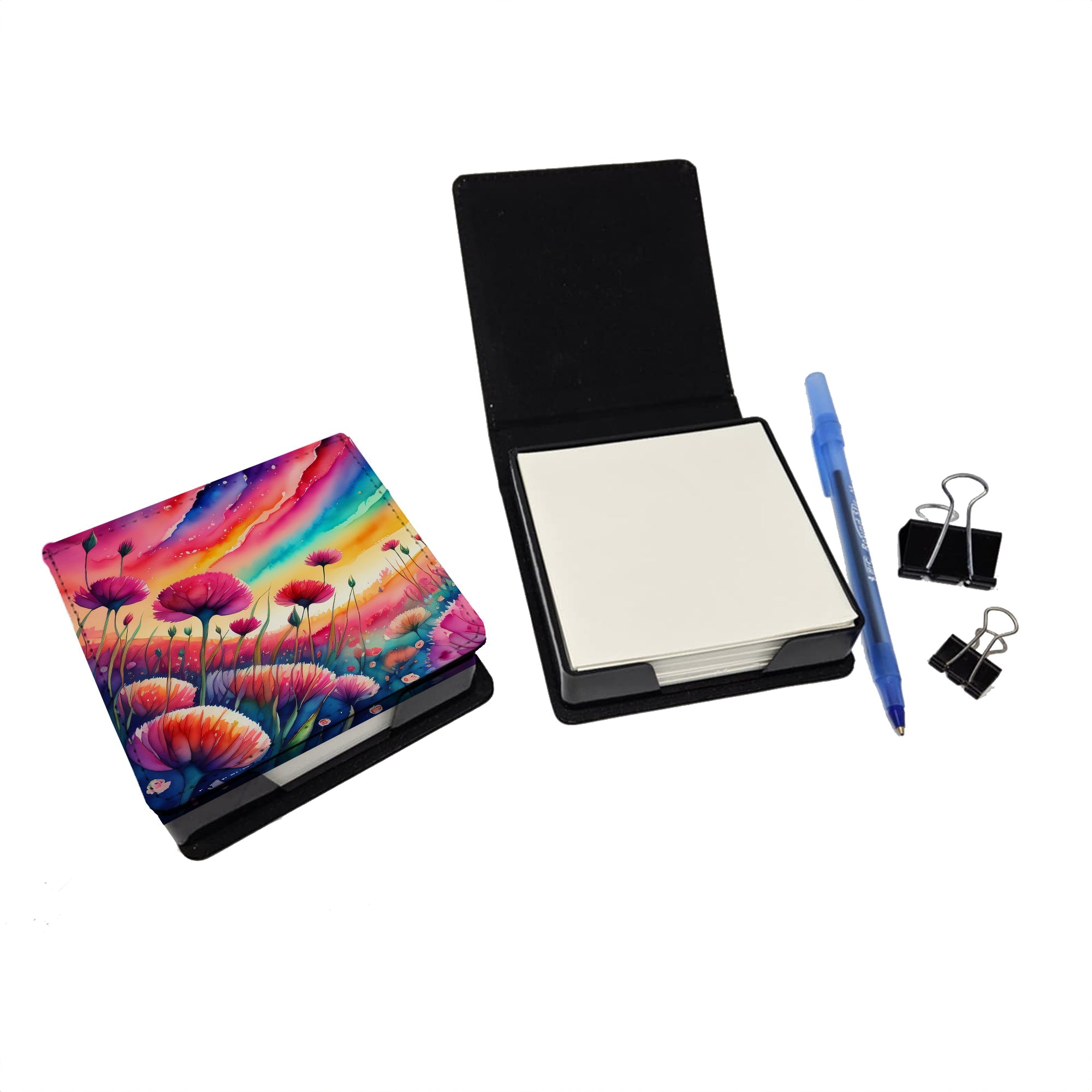 Dianthus in Color PU Leather Note Paper Holder with Artist-Designed Cover, Desk Accessory, Office Gift