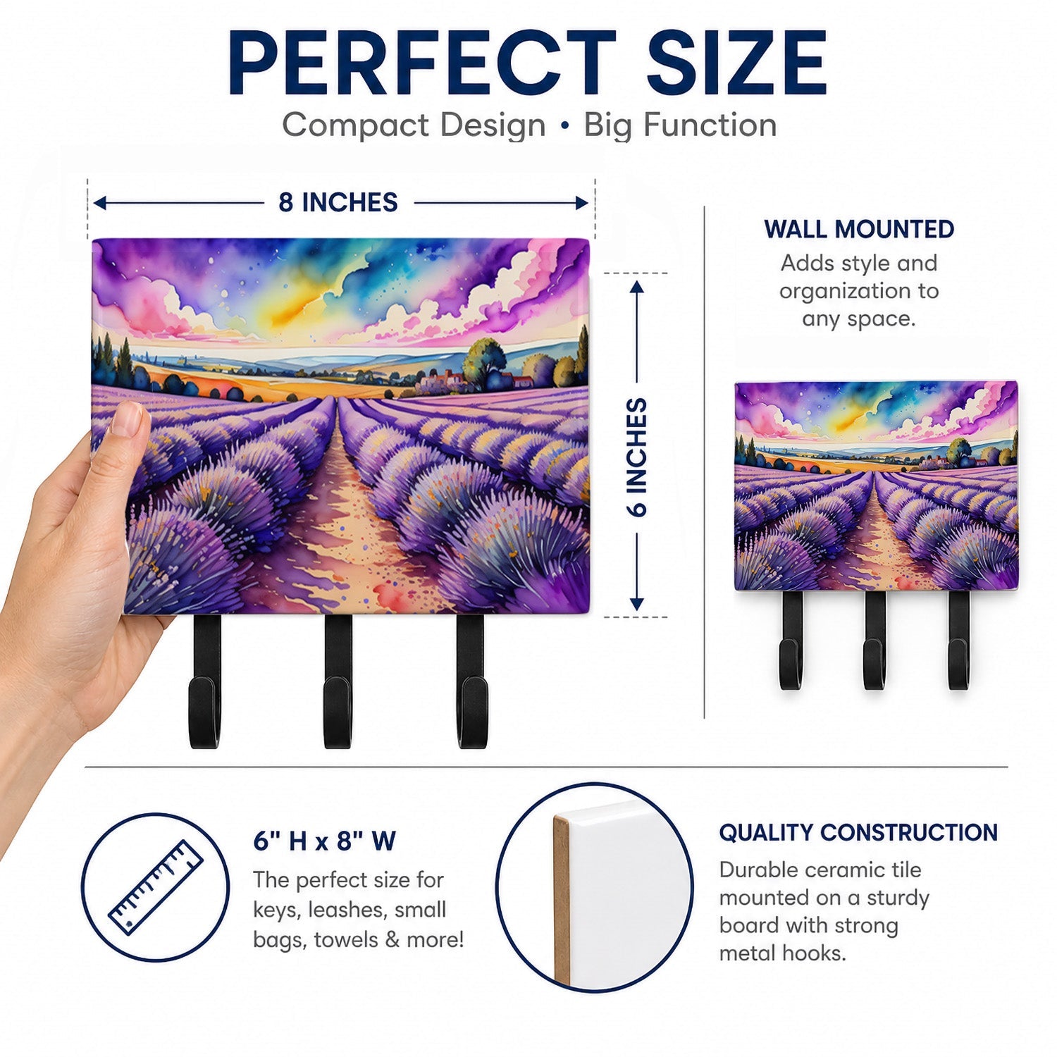 English Lavender in Color Leash or Key Holder Wall Hooks, Coat Rack Wall Mount, for Hanging Keys, Towels, Aprons, Leashes